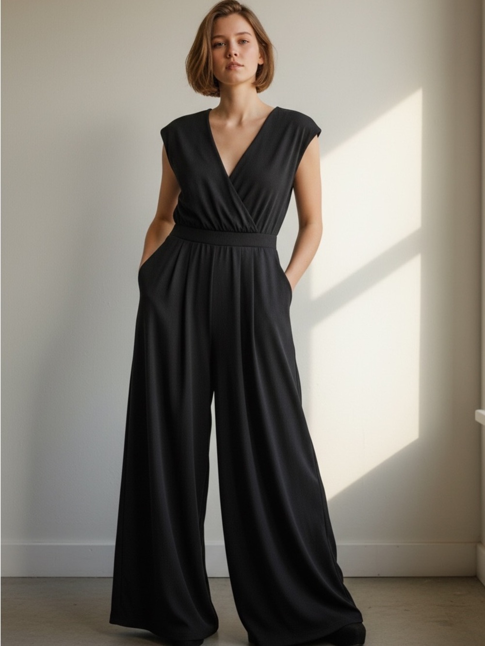 Halara Black Wide Leg Jumpsuit S Petite Sleeveless Stretch Waffle Knit NWT
